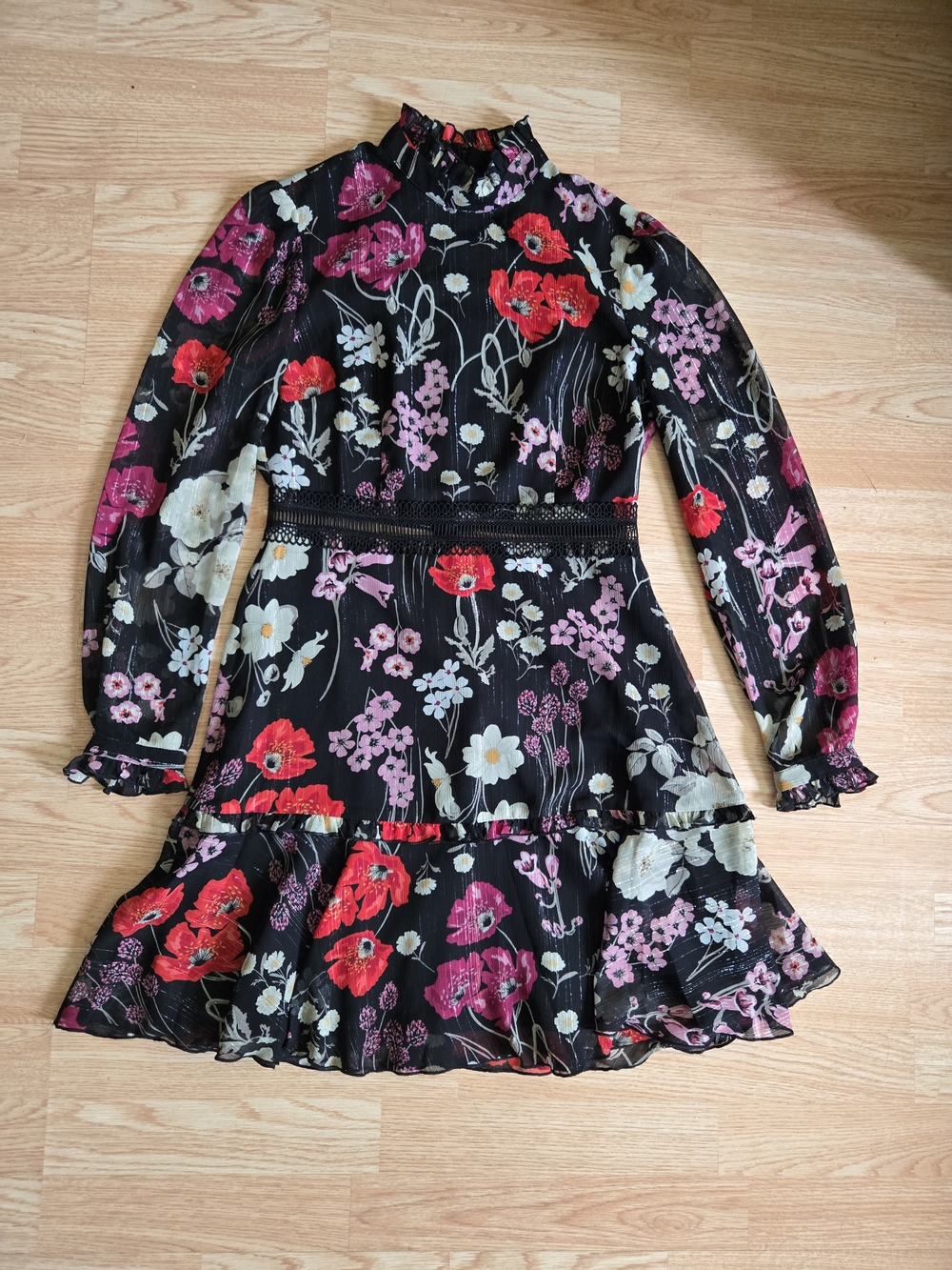 Donna Morgan Black Floral Ruffle Mini Dress - Picture 1 of 4